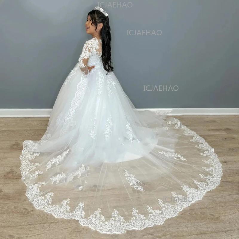 Robe de soirée blanche pour enfants 2026, style tutu à traîne, manches longues, pour spectacle, anni