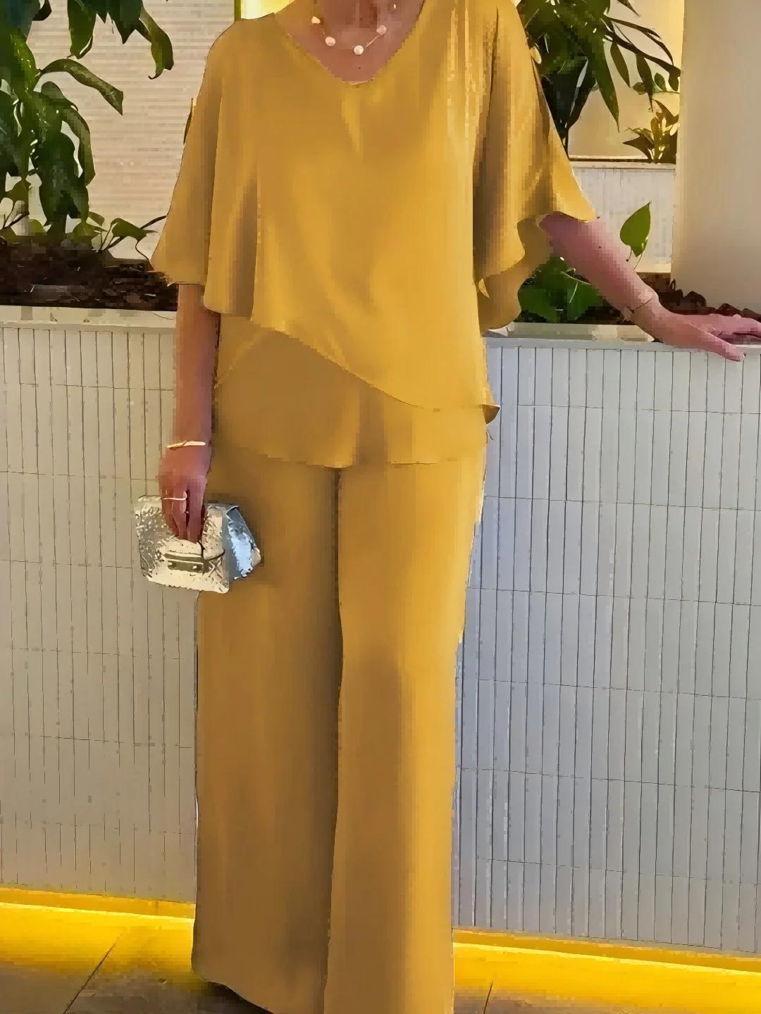 Ensemble 2 pièces pour femmes grandes tailles - Haut à manches bouffantes multicolores à col en V +