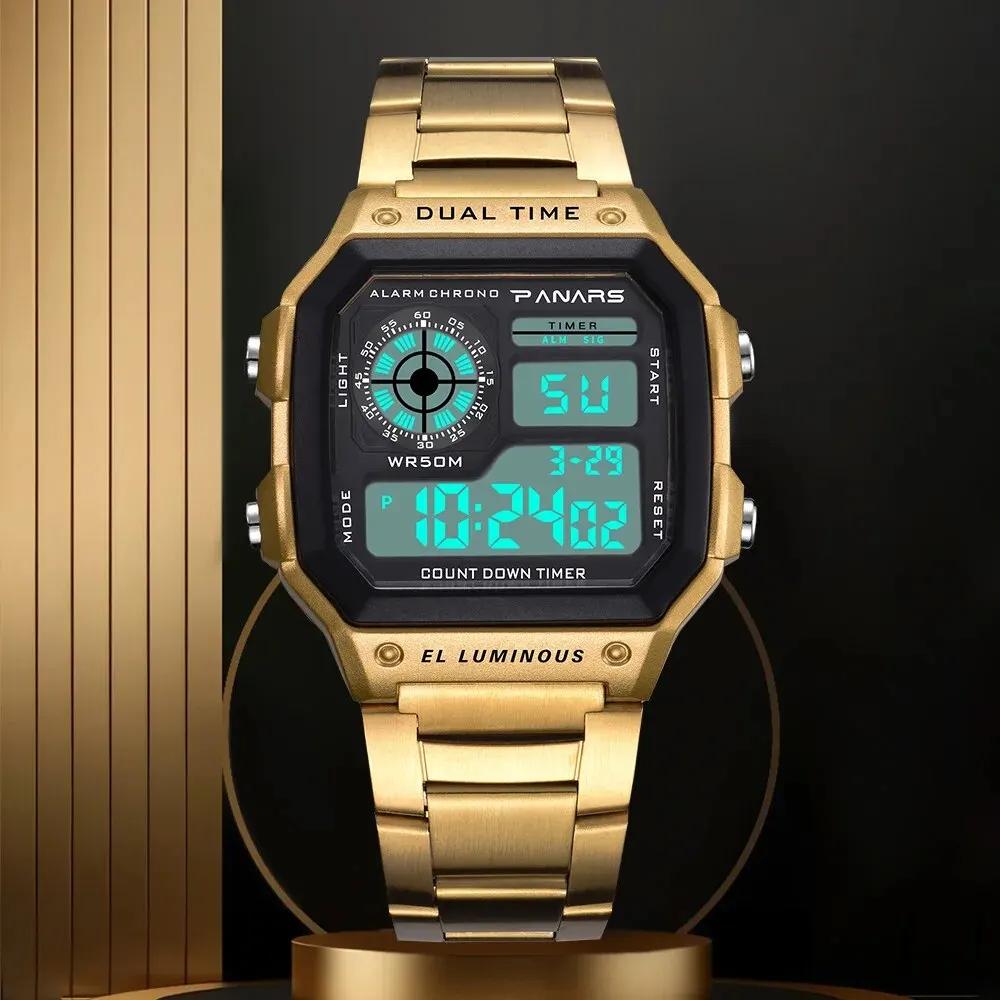 PANARS-Montre-bracelet de sport numérique étanche pour homme, bracelet en acier inoxydable, rétro-éc