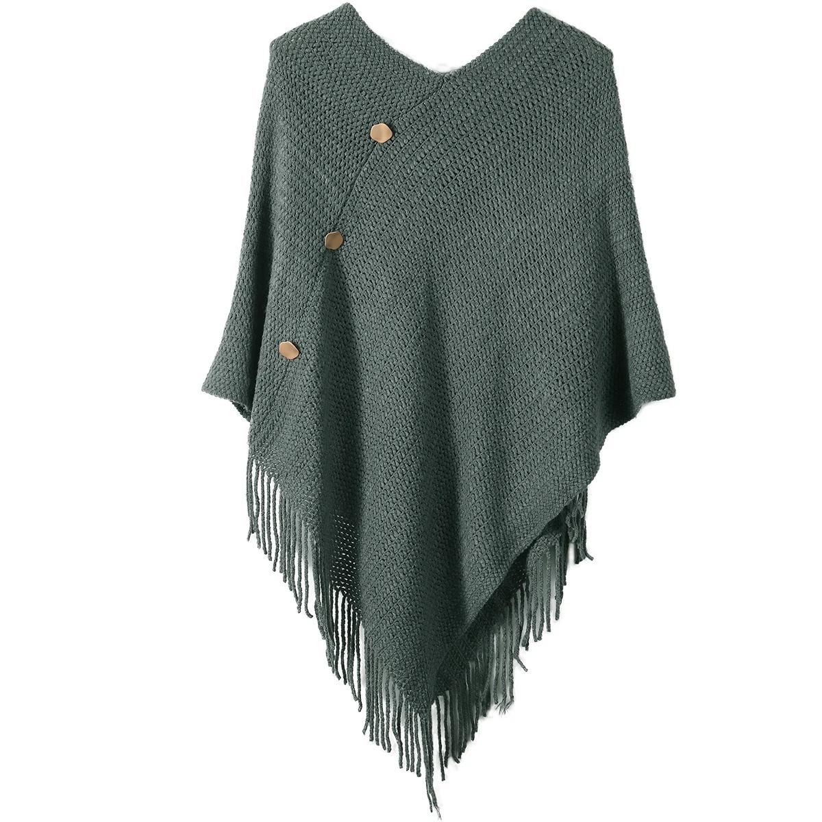 Châle à pampilles pour femmes avec faux boutons, couleur unie, adapté aux vêtements de déplacement à