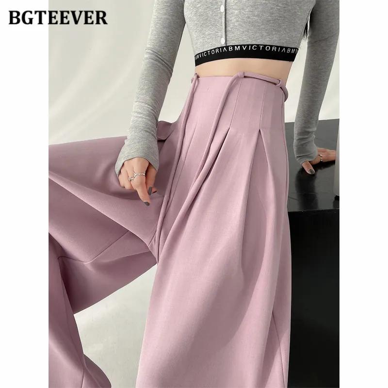 BGTEEVER élégant à lacets taille haute longueur au sol costume pantalon femmes printemps été poches