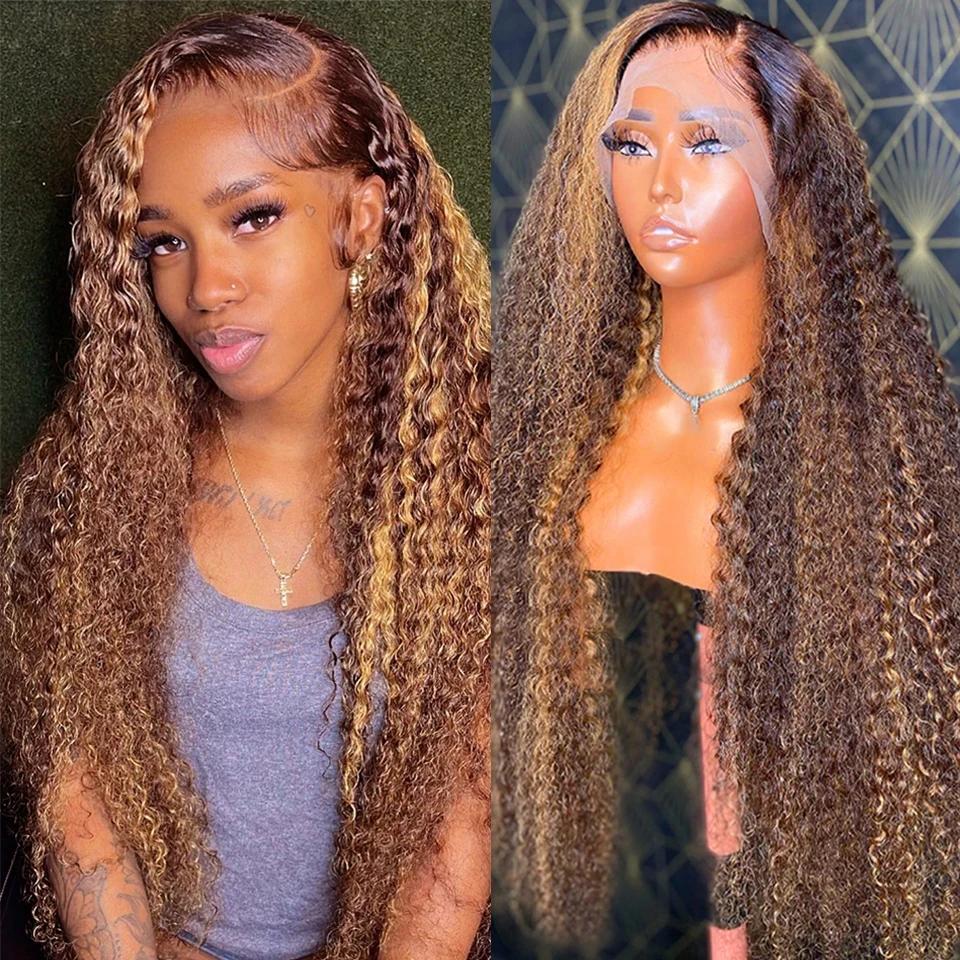 Perruque Lace Front Wig Naturelle Bouclée, Cheveux Humains, Deep Water Wave, 13x4, à Reflets Brun Mi