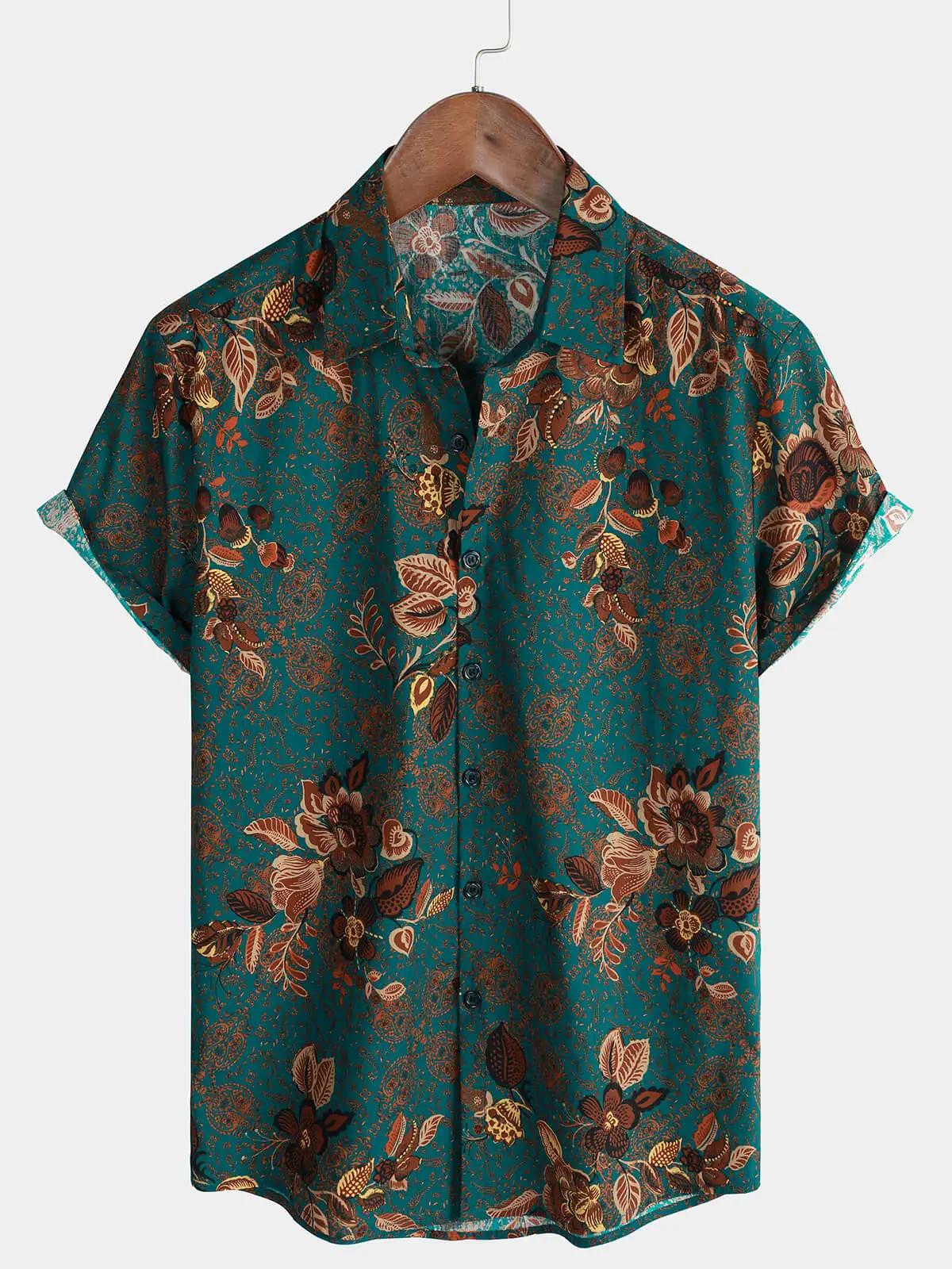 Chemise à manches courtes à imprimé floral rétro pour hommes chemise décontractée à revers simple bo