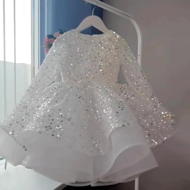 Robe de princesse blanche à sequins pour enfants, tenue de cérémonie pour filles, robe de demoiselle