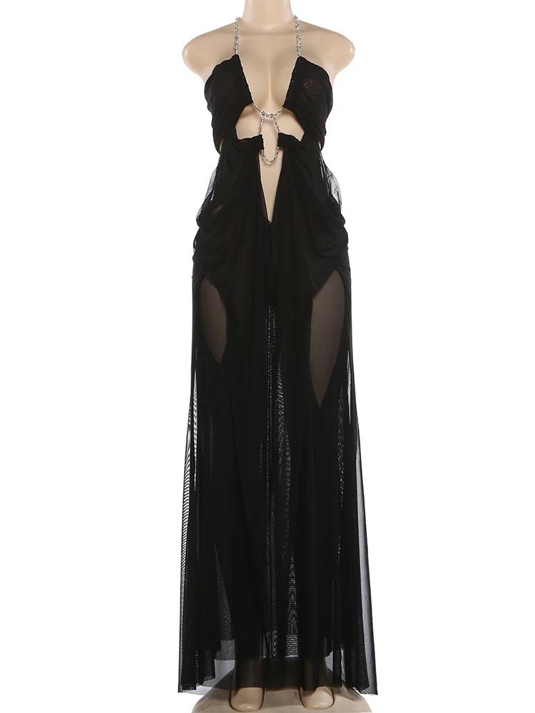Nibber Bal Robe De Soirée Femme Sexy Voir À Travers De Luxe Chaîne Halter Col Bas Dos Nu Sans Manche