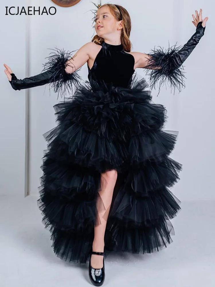 Robe en tulle multicouche noire à col licou ICJAEHAO, sans gants, robe d'été pour filles, costumes p