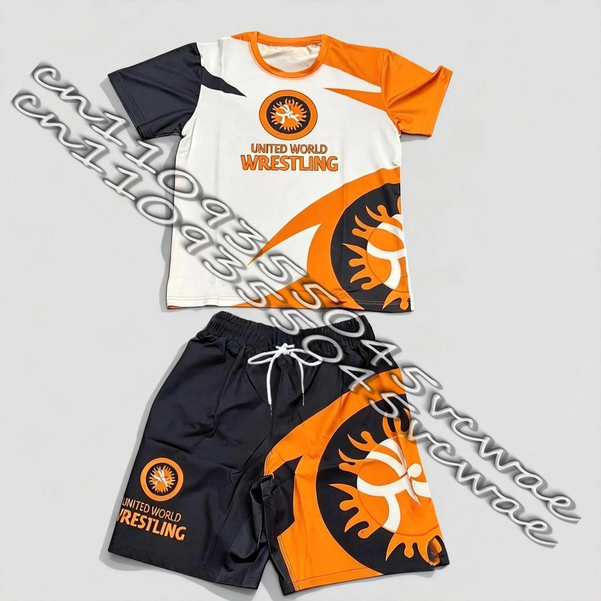 Nouvel ensemble sportif de lutte mondiale United World Wrestling pour hommes, rashguard et short gra