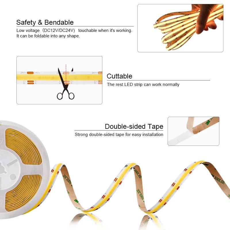 Bande lumineuse LED COB CCT, 608 LED s/m, haute densité, Flexible, variable, 2700K à 6500K, éclairag
