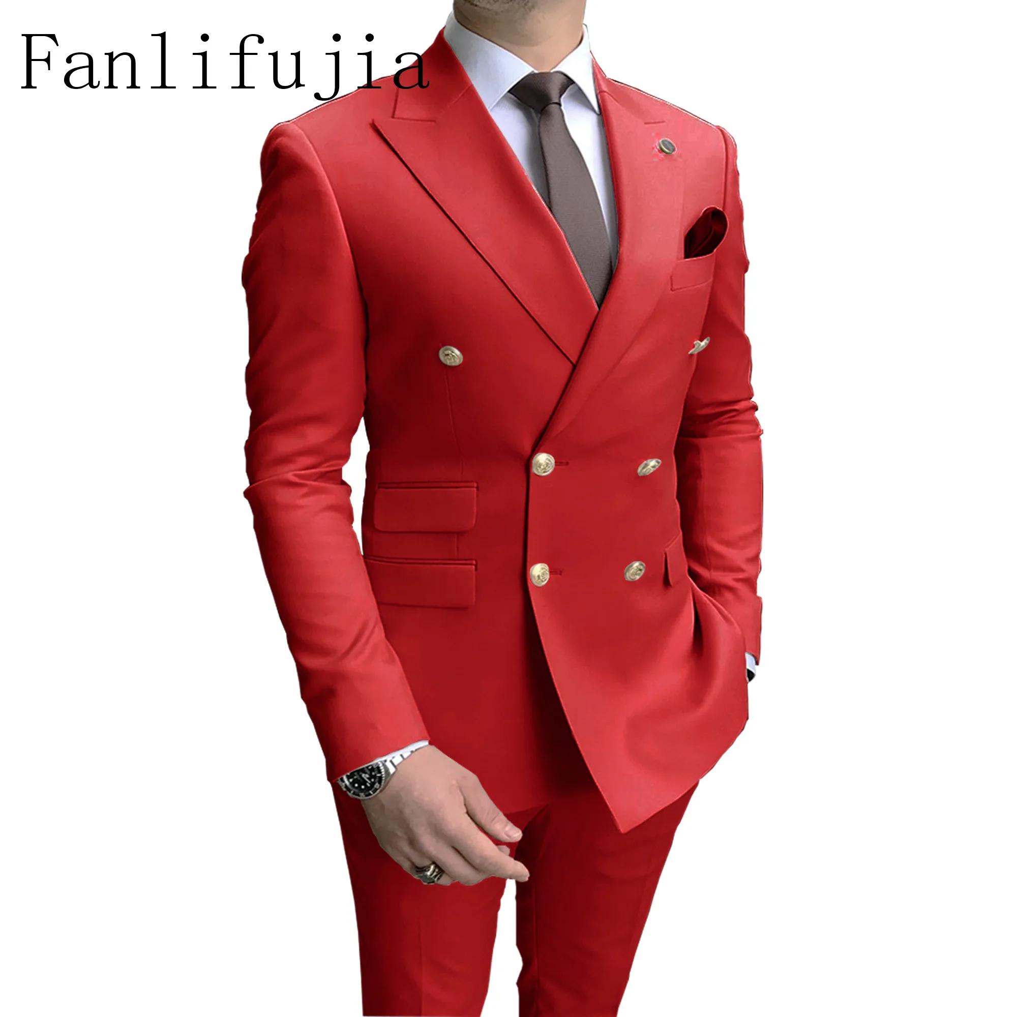 Fanlifujia – Costume deux pièces rose à Double boutonnage pour hommes, coupe cintrée, Costume de mar