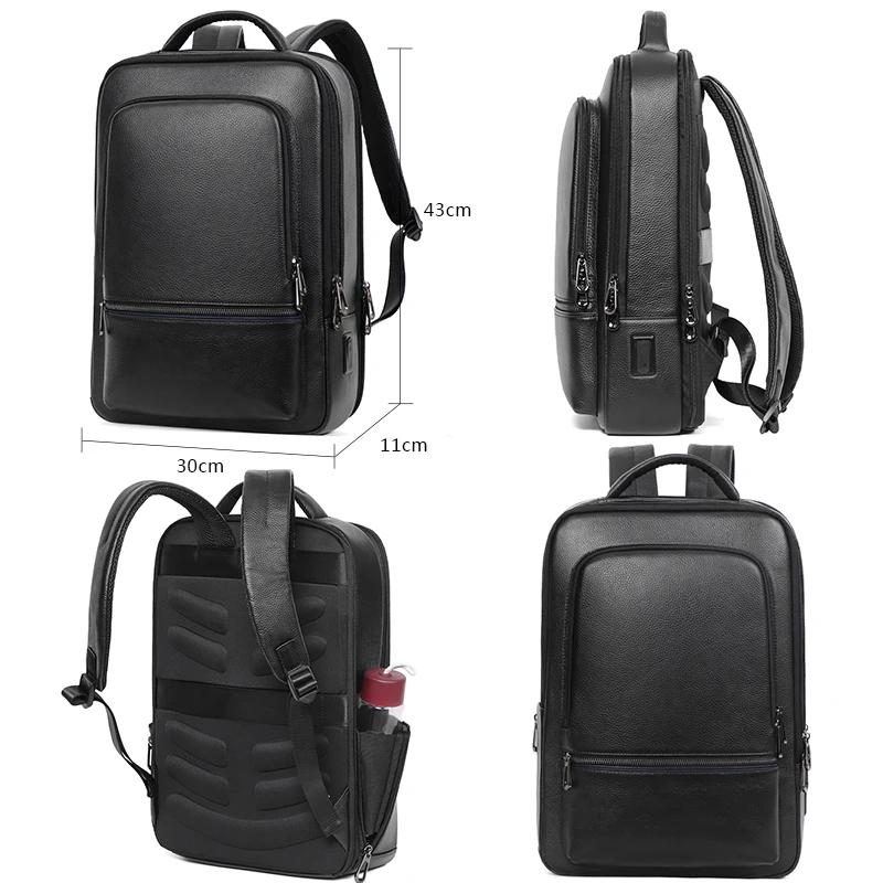 100% cuir de vache naturel 15.6 pouces sac à dos pour ordinateur portable hommes USB sac à dos en cu