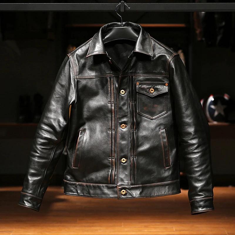 Veste vintage en cuir véritable pour hommes, vêtements de haute qualité, style coréen, Tea Core, rev