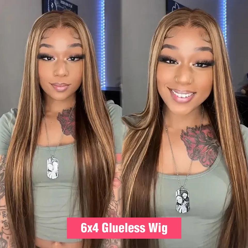 Perruque Lace Front Wig sans colle naturelle, cheveux humains, pre-plucked, coloré, pre-plucked, pre