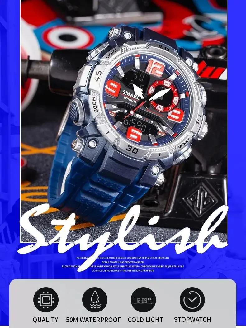 SMAEL-Montre à quartz étanche pour homme, chronomètre, montres LED, horloge masculine, montres de sp