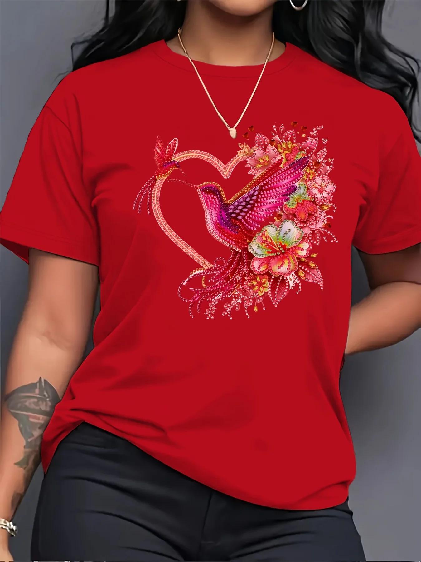 T-shirt pour femme Floral Hummingbird Heart - Motif Boho, haut rose décontracté