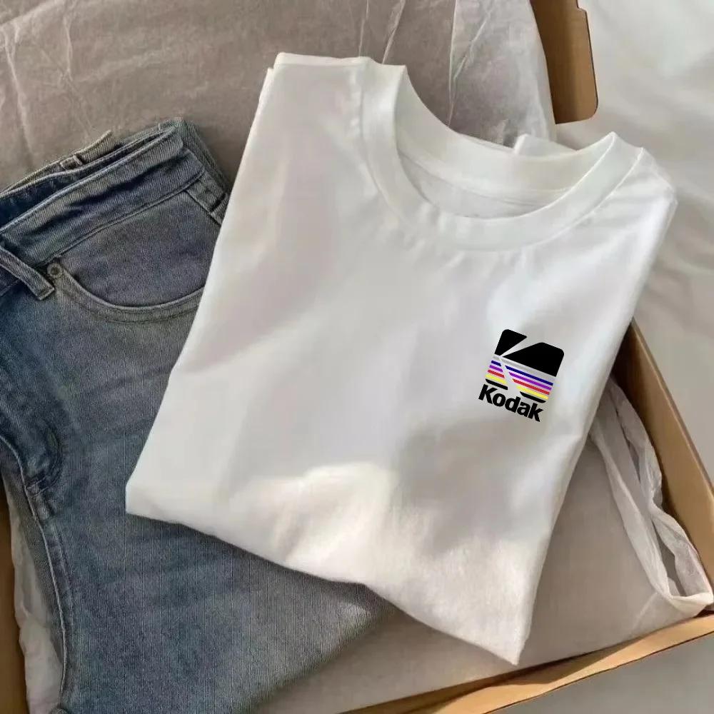 T-shirt graphique Kodak Rainbow Stripe Logo 2026 été homme femme 100% coton vintage streetwear décon