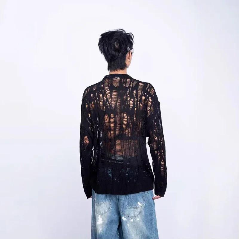 Vintage déchiré évider maille tricot pull hommes automne Streetwear mode col rond à manches longues
