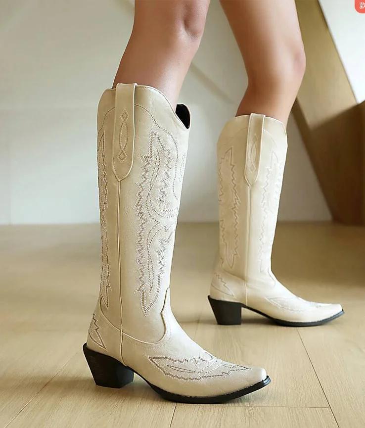 Bottes de cowboy brodées pointues, bottes western vintage, chaussures blanches, talons hauts, Parker