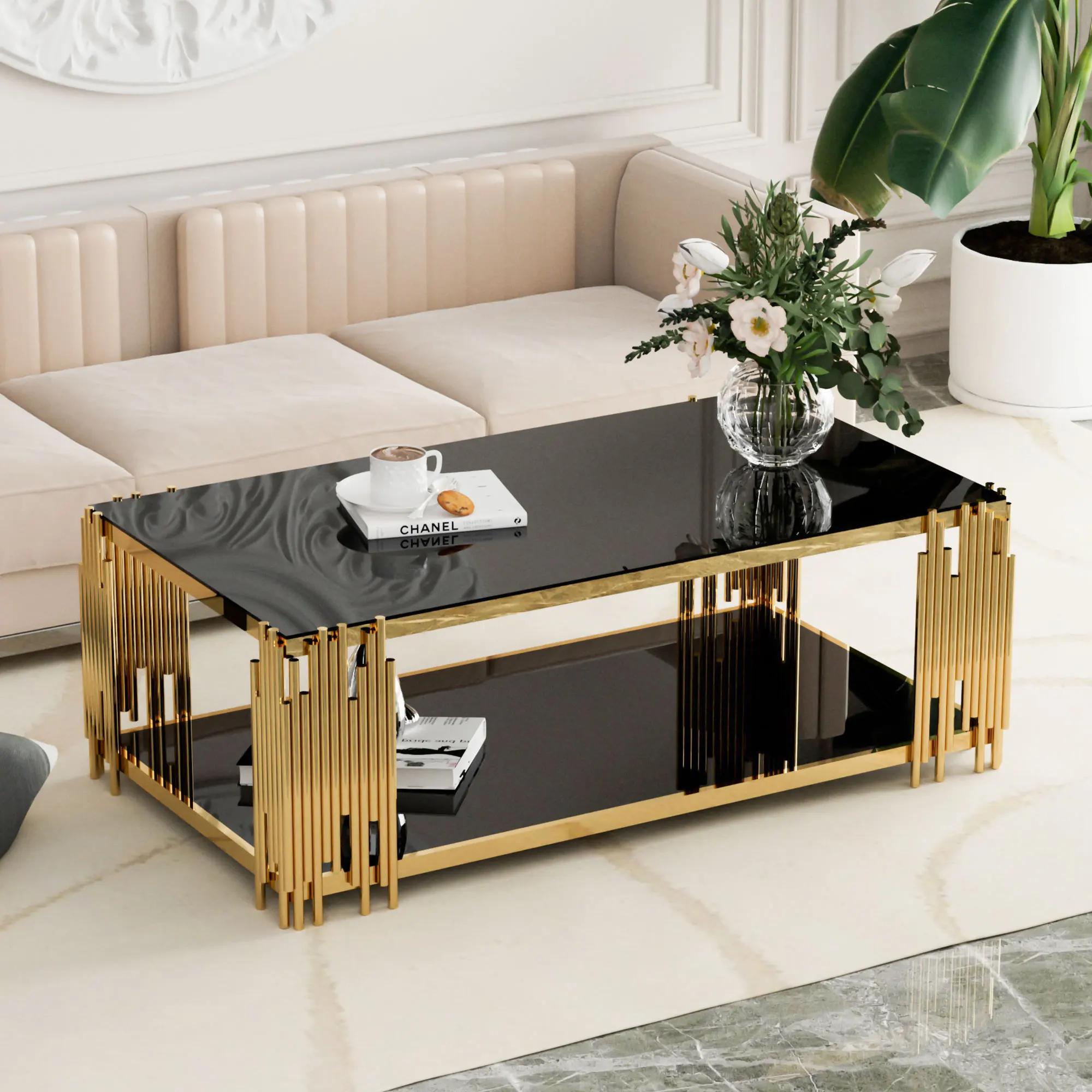 Table basse rectangulaire en verre pour salon, acier inoxydable, table centrale moderne, verre noir