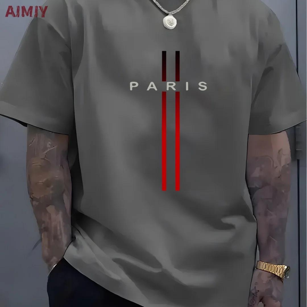 T-shirt à Manches Courtes et Col Rond pour Homme, Haut Décontracté, Imprimé de Lettres PARI, Été