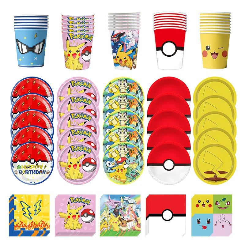 Décorations de fête d'anniversaire Pokemon, mélange de nappe d'anniversaire Pikachu, assiettes en pa