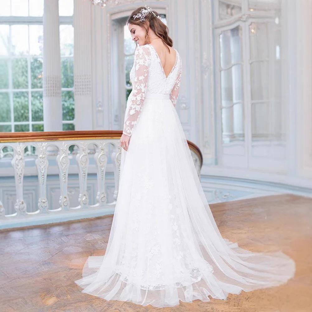 ALTERFull-Robe Longue Maxi en Dentelle, Manches sulf, en Forme de V, Ourlet au Dos, Bouffante, pour