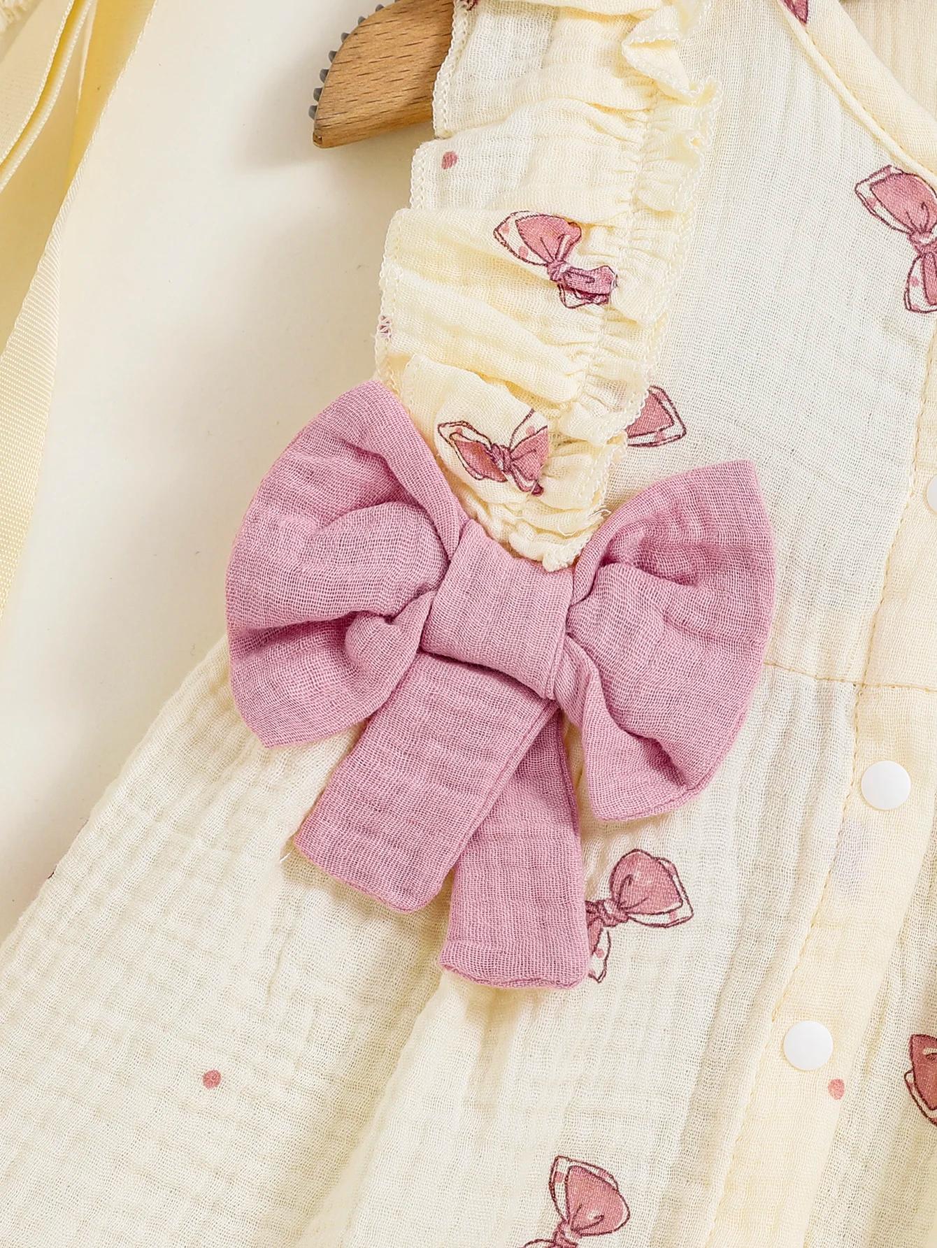Robe pour bébé fille de 0 à 9 mois, 2 pièces, col rond, imprimé nœud, bord à volants, ensemble de ch