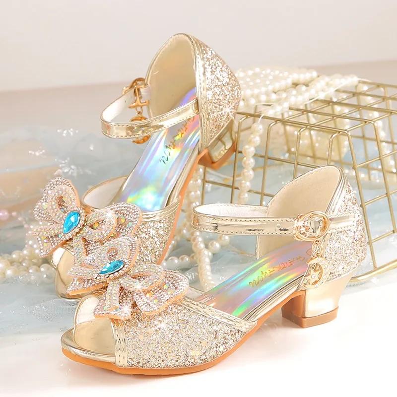 Sandales d'été à talons pour filles, chaussures à paillettes brillantes avec strass, chaussures de d