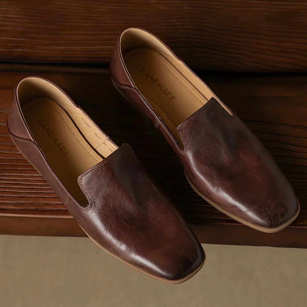 Mocassins plats à enfiler en cuir de vache pour femmes, bout carré, de haute qualité, doux, conforta