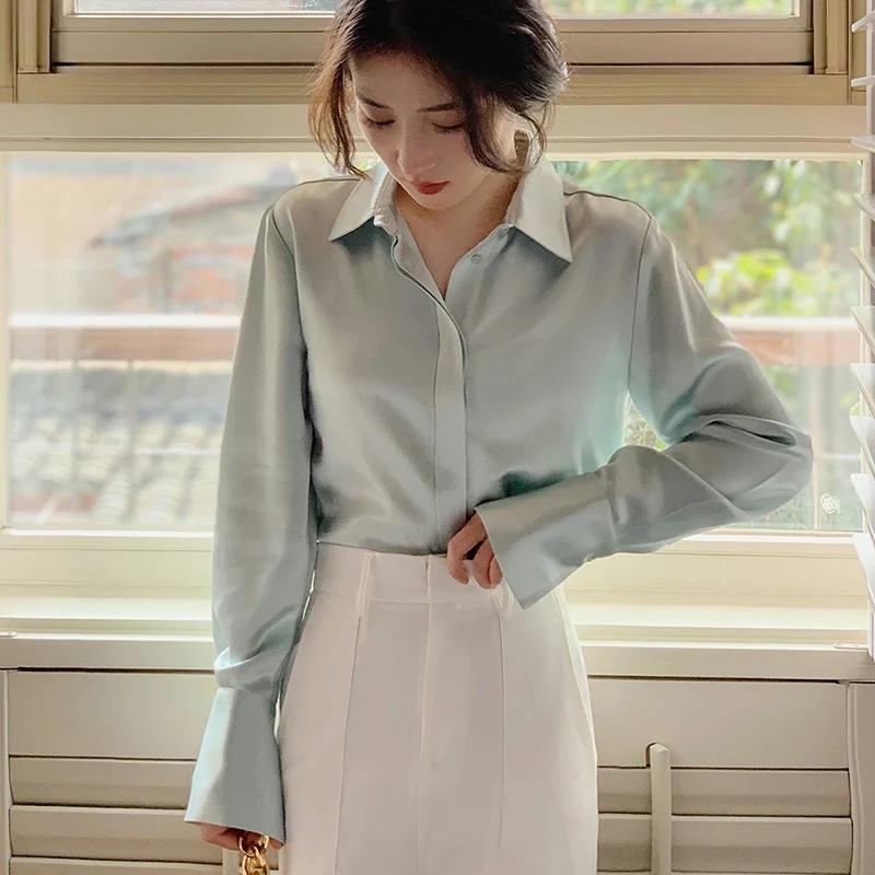 Chemisier en Satin à manches longues pour femmes, mode française, chemises de couleur unie, vêtement