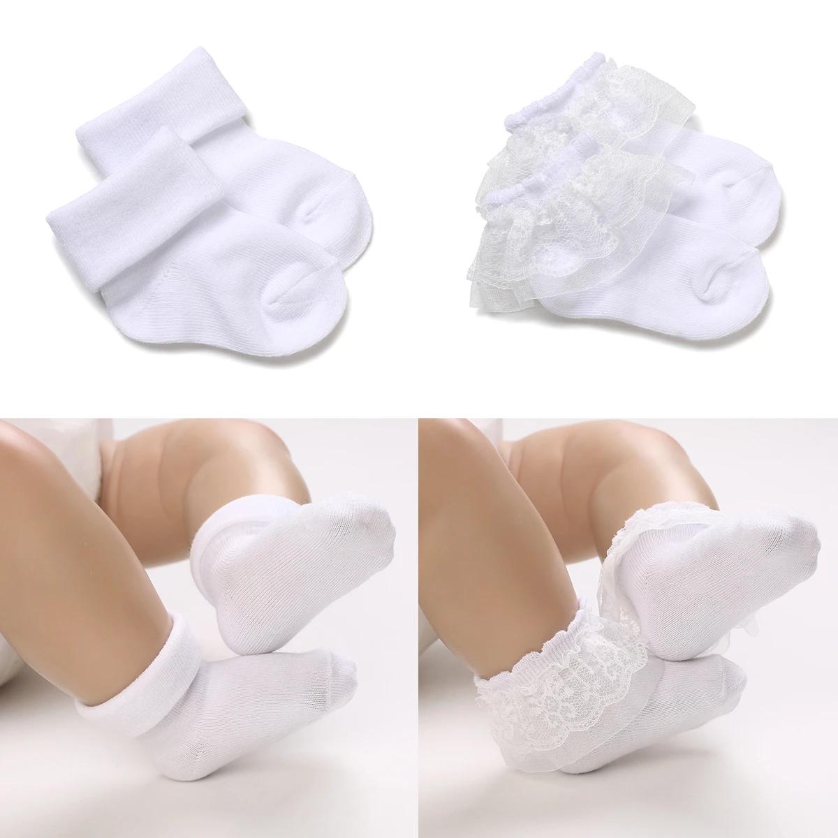 4 paires chaussettes courtes coton dentelle bébé 0-1 an - Blanc baptême garçons filles - Nouveau-né