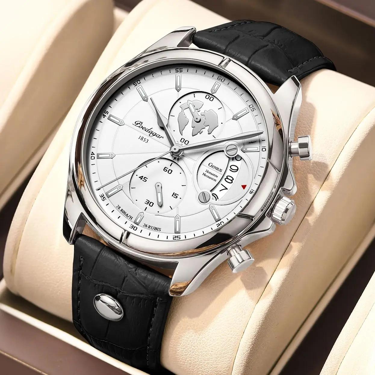 POEDAGAR luxe homme montre-bracelet chronographe Date étanche en cuir hommes montre décontracté Quar