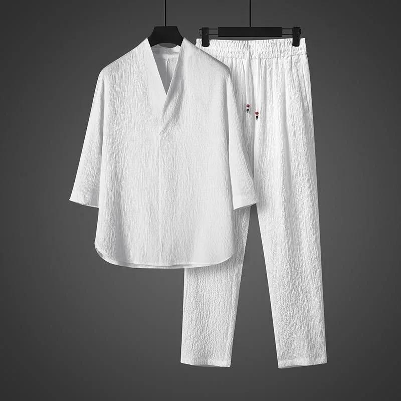 Ensemble Homme Printemps-Été Léger Deux Pièces en Soie Glacée : Haut Boutonné à Col en V et Manches