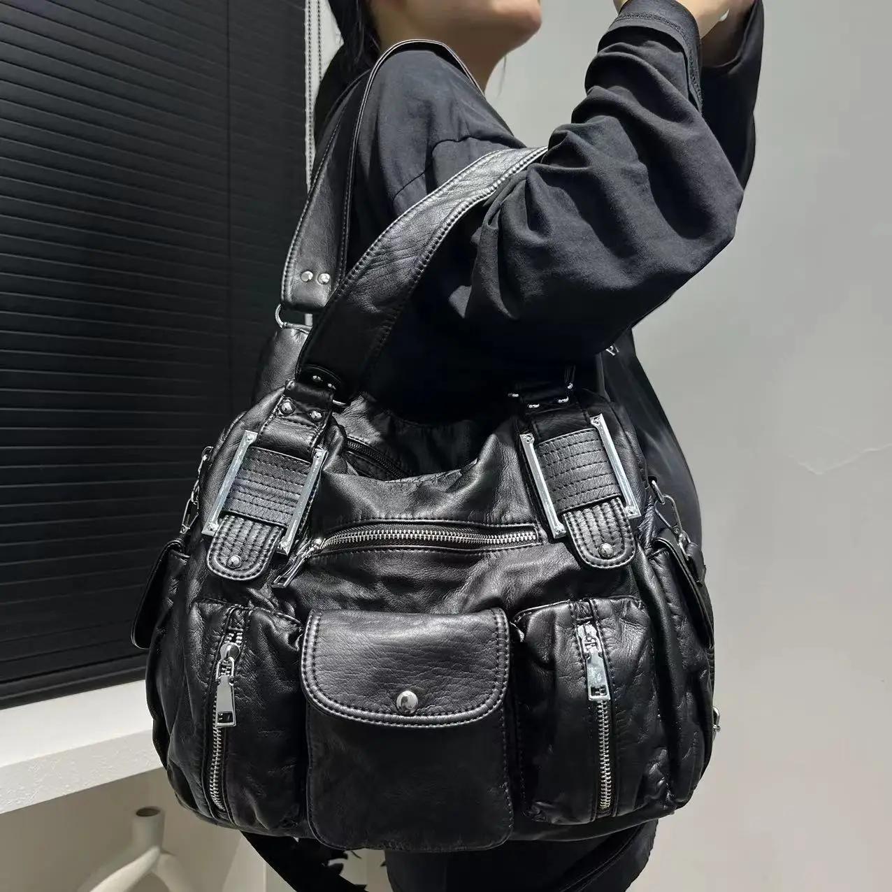 Sac de moto Y2K pour femmes, sac à bandoulière multi-poches à motif de vieille litchi