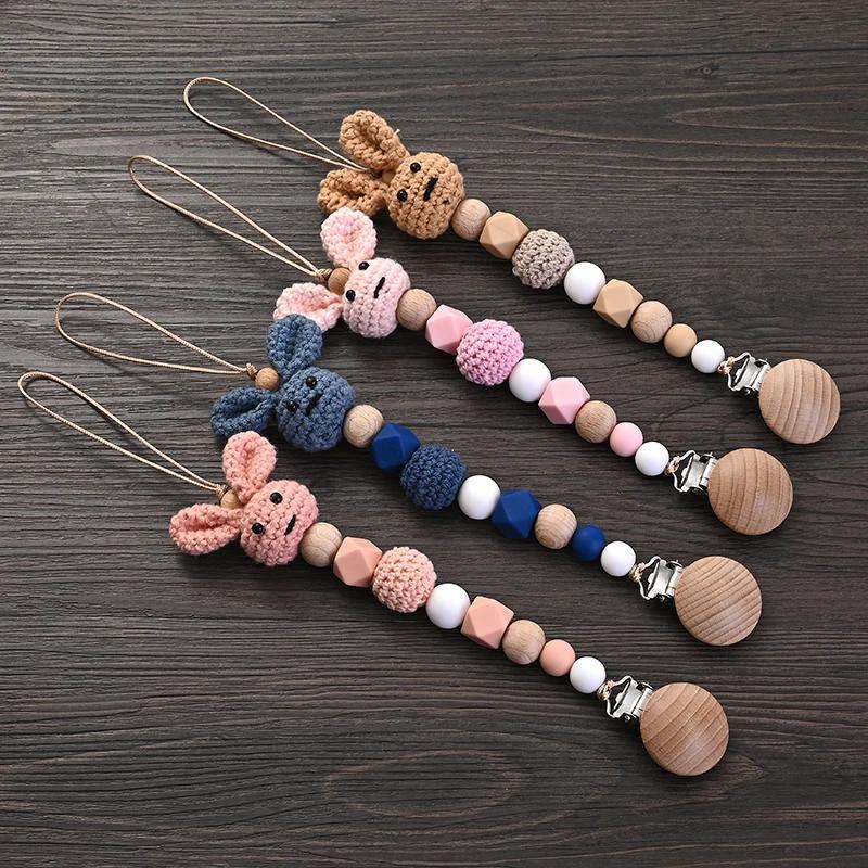Clip de sucette en bois pour bébé, Crochet en bois, lapin, chaîne de sucette pour la dentition, joue