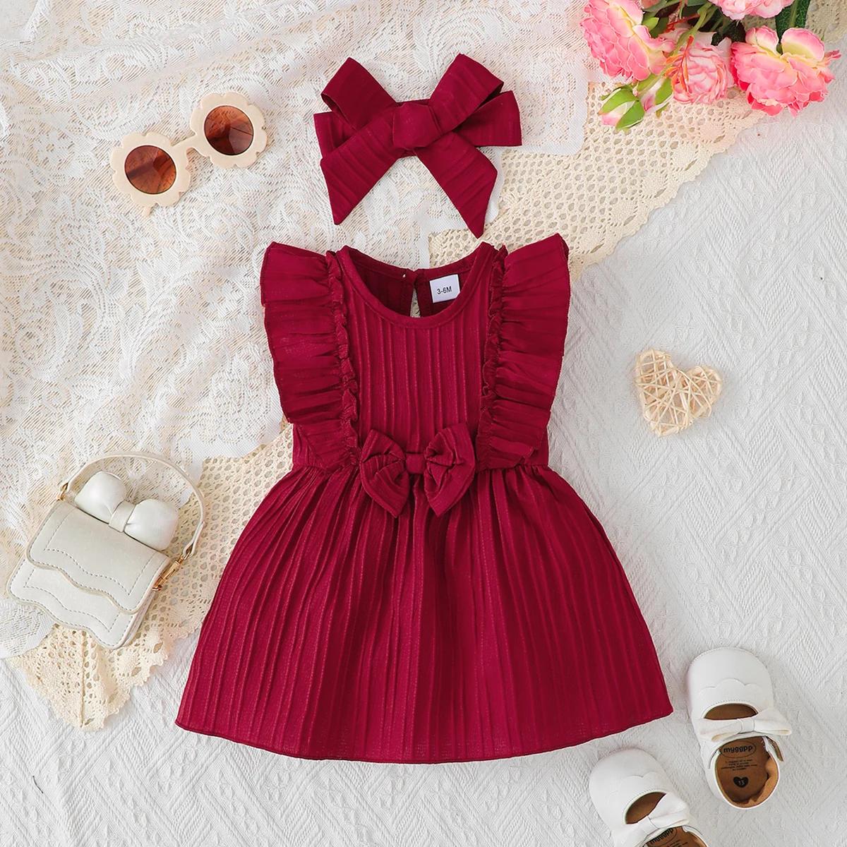 Robe sans manches pour bébé fille, couleur unie, bords à volants, robe d'été + bandeau, robe du nouv