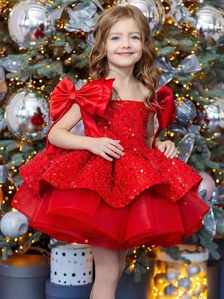 Nouvelle Robe de Noël 2026 pour Enfants, Robe de Princesse à Fleurs et Paillettes pour Mariage, Jupe