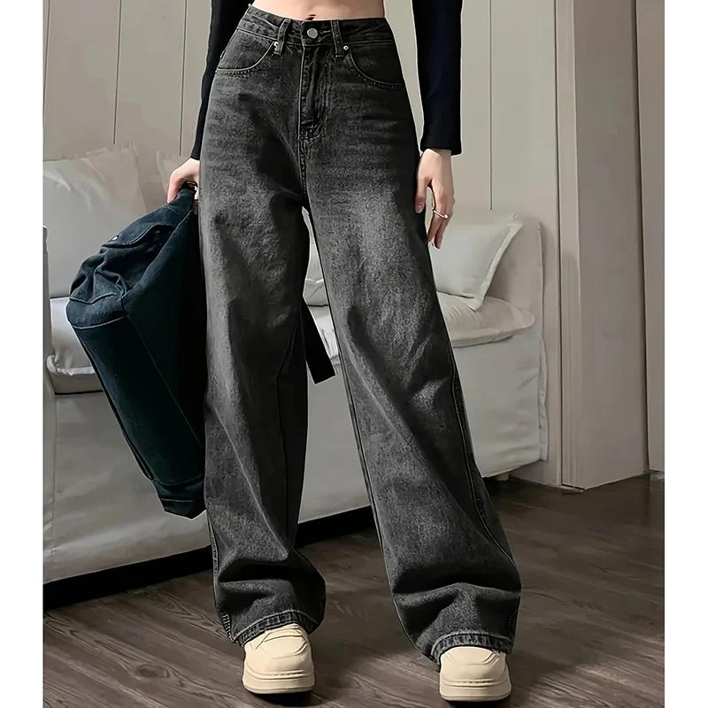 Jean taille haute pour femme, streetwear, designer, jambe large, gris classique, gothique, pantalon