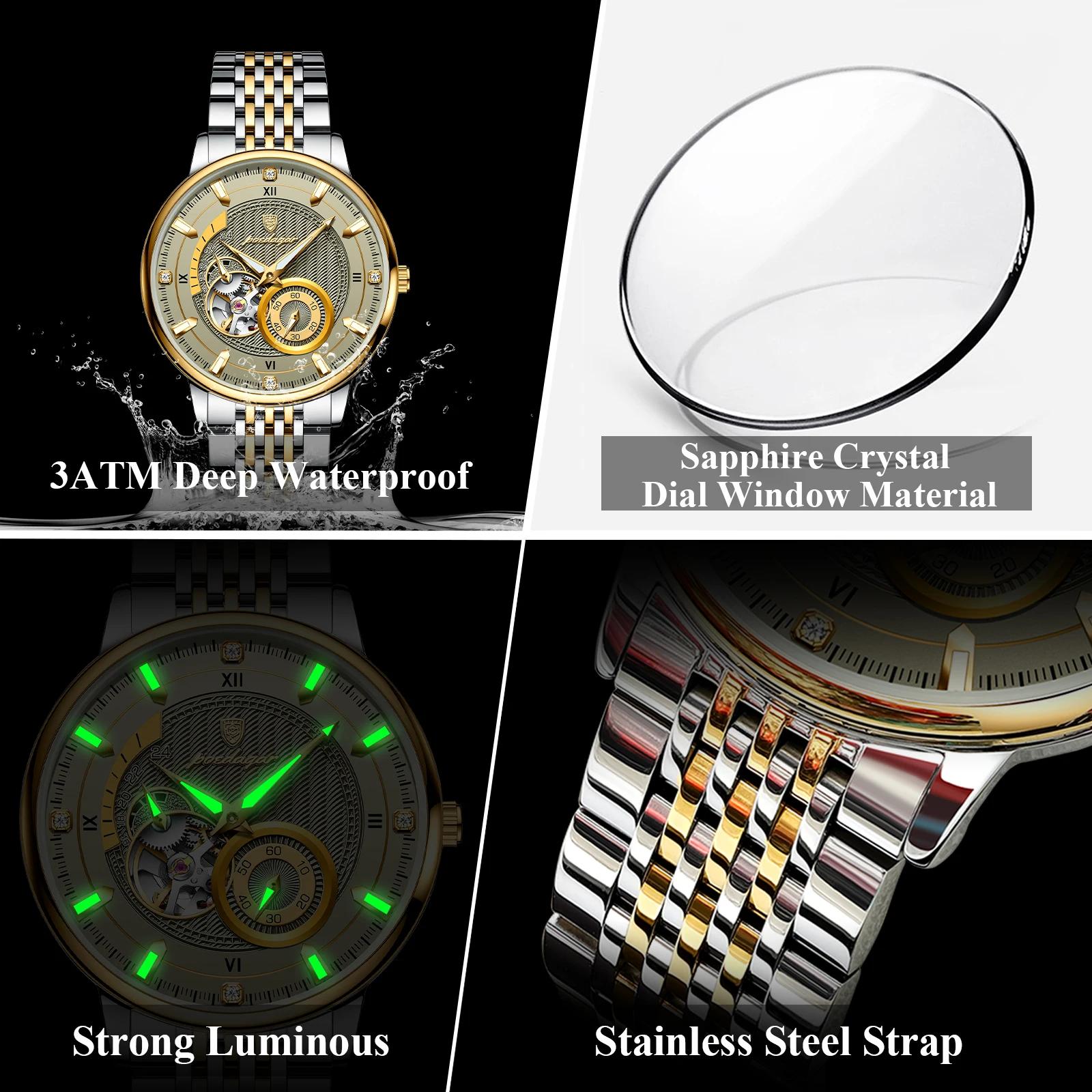 POEDAGAR haut de gamme homme montre-bracelet lumineux creux Tourbillon en acier inoxydable hommes ho