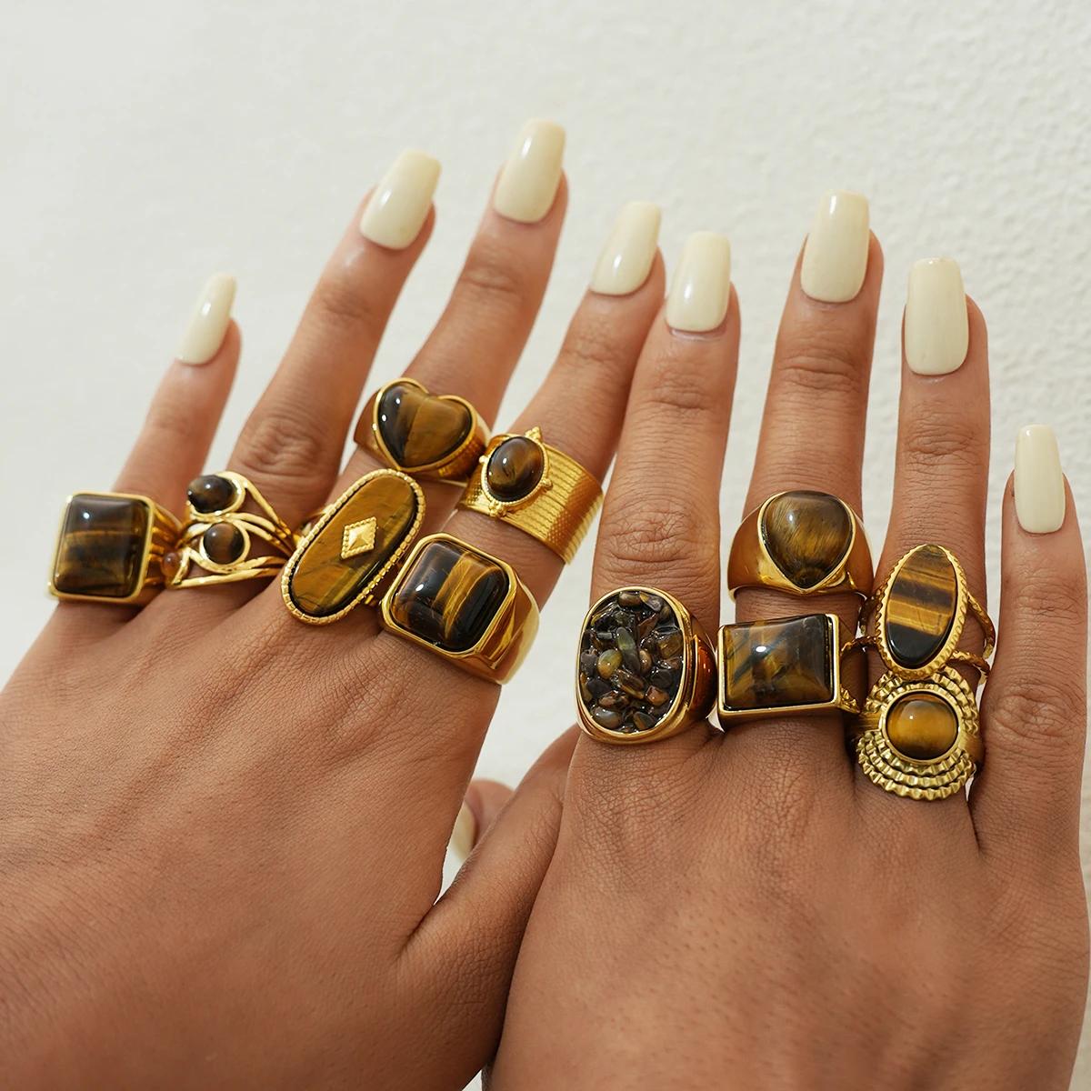 Bague ovale en pierre marron et acier inoxydable pour femmes, anneaux empilés réglables, bijoux cade