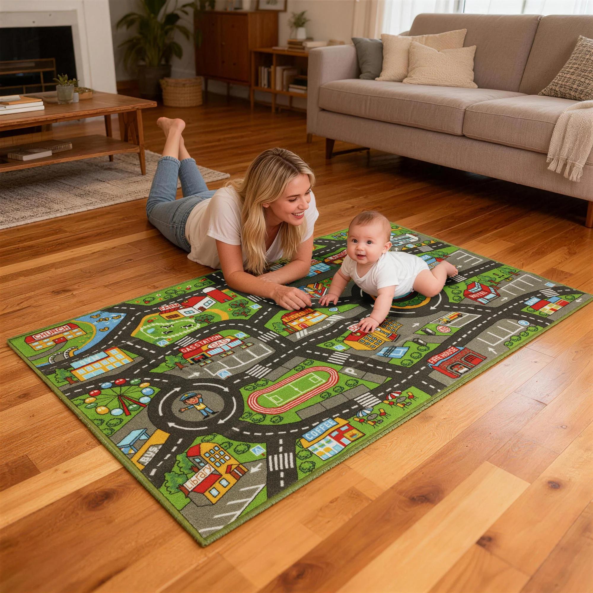 Tapis pour enfants Aiyaplay, tapis éducatif antidérapant pour ramper et jouer avec des voitures