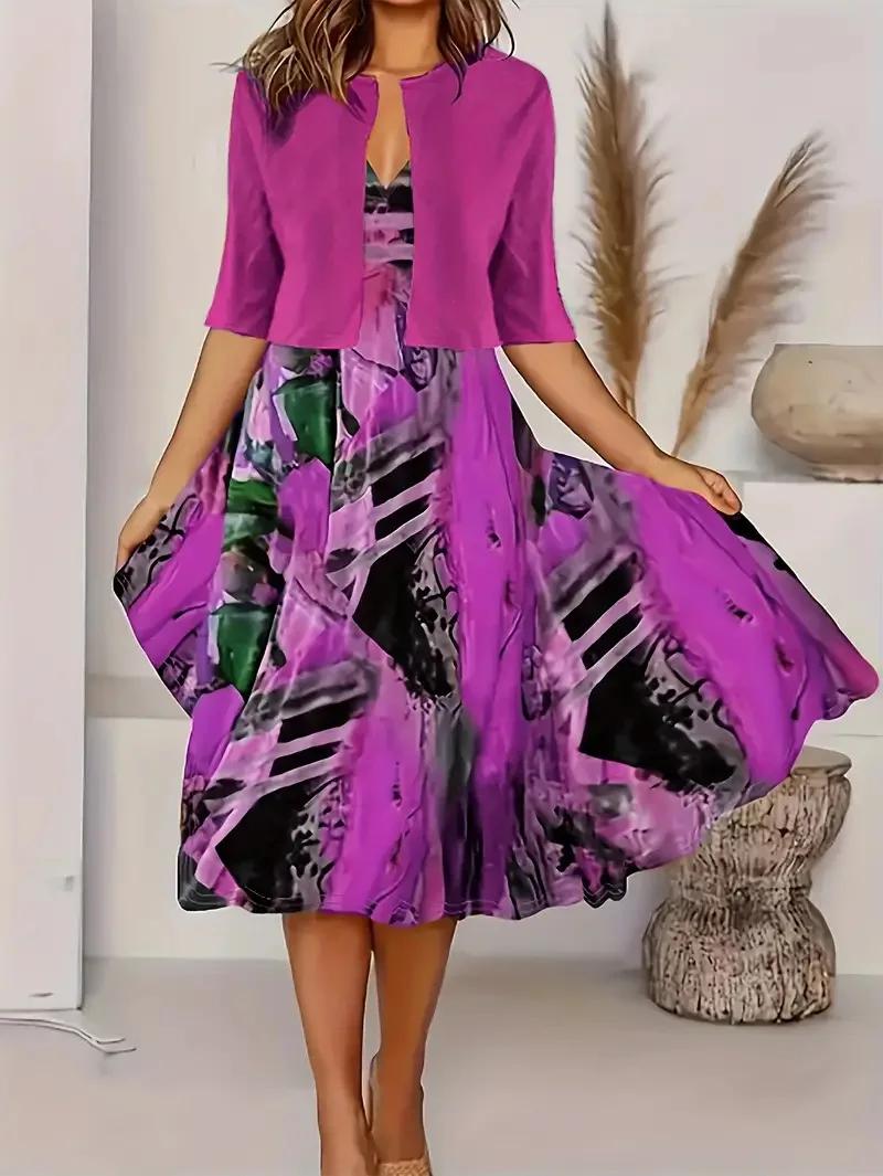Robe longue pour femmes, ensemble deux pièces imprimé floral, col rond, manteau, Europe et états-uni