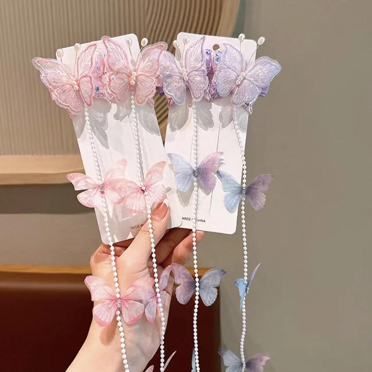 Pince à cheveux féerique en perles et papillons, 2 pièces/ensemble, princesse fille, pompon tressé,