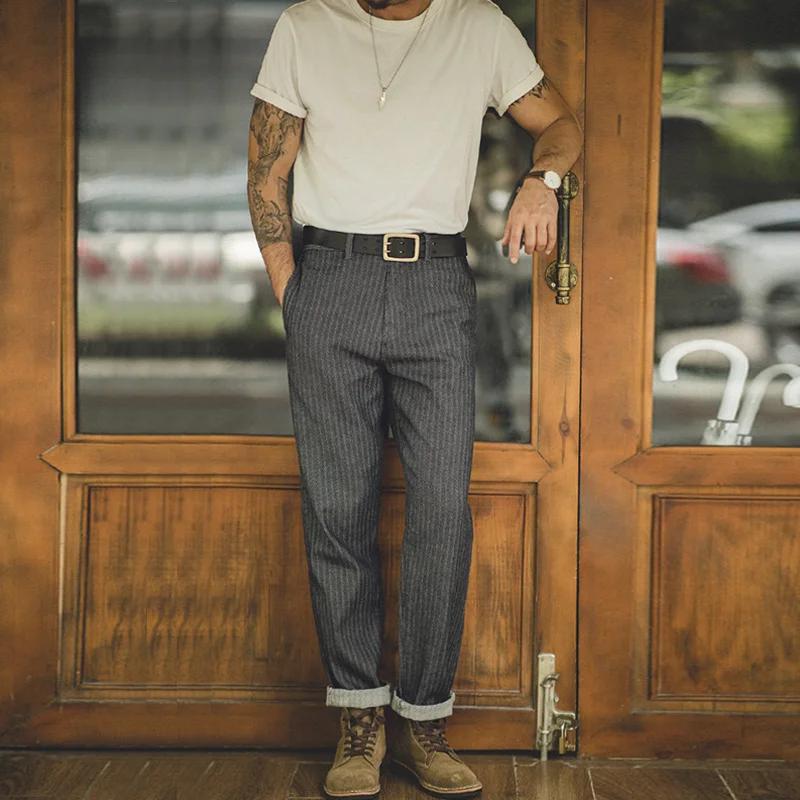 Maden Retro 12,8 oz jean rayé gris coupe droite zippé avec poches pantalon polyvalent à chevrons pou