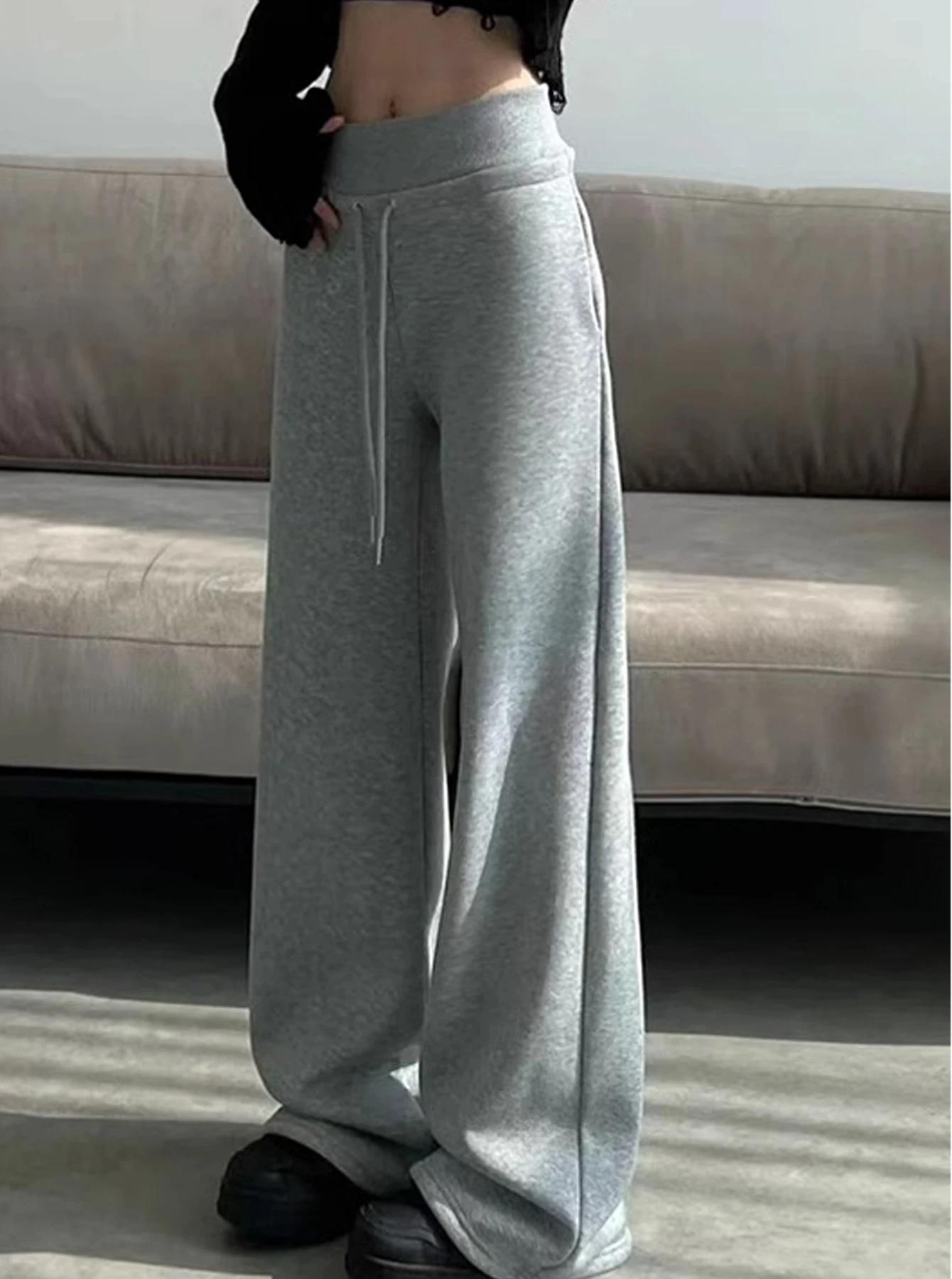 Pantalon de sport gris taille haute pour femmes, ample, amincissant, jambes droites, jambes larges,