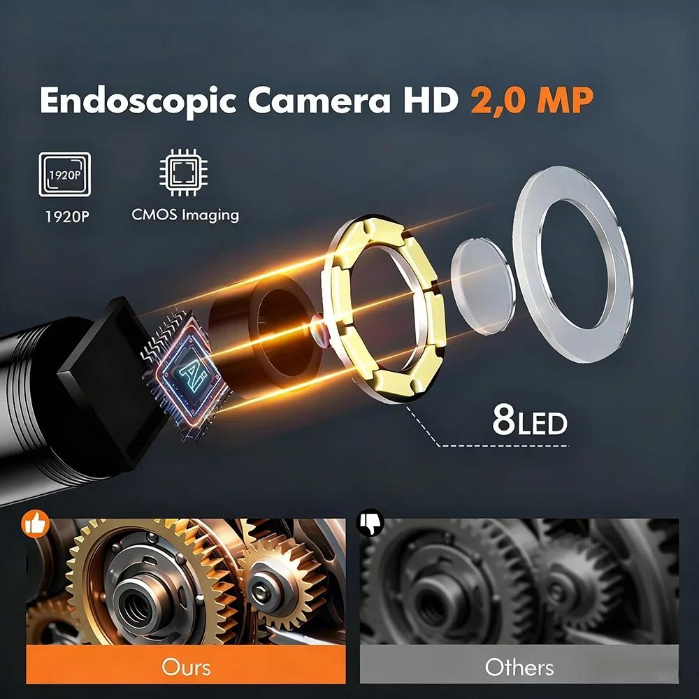 Caméra endoscopique industrielle, écran IPS de 4.3 pouces, 8mm HD1080P IP67, étanche, 8 lumières LED