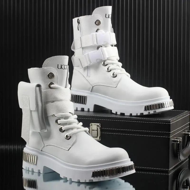 Bottes de moto britanniques à l'offre elles épaisses pour hommes, haut, blanc, velours, moyen, chaud