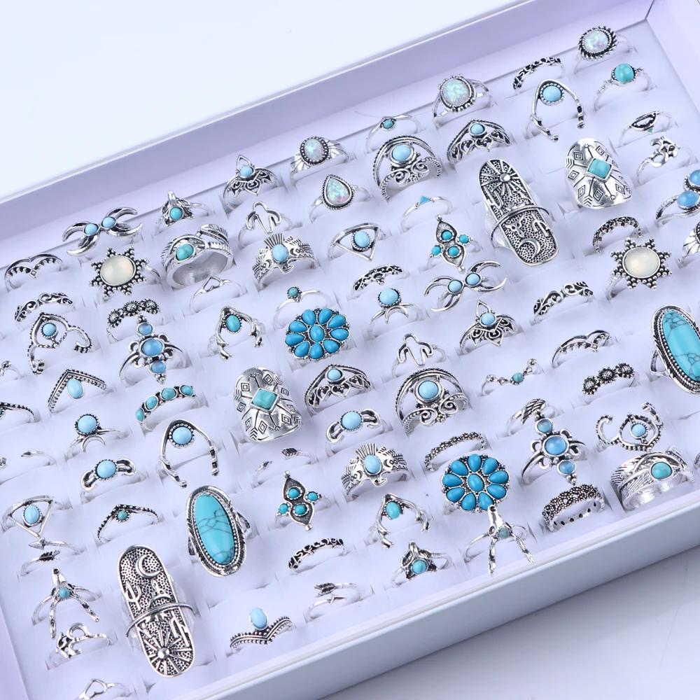 Bagues Vintage Boho en verre Turquoise pour femmes, 20/30 pièces/lot, mode Style vacances, Festival