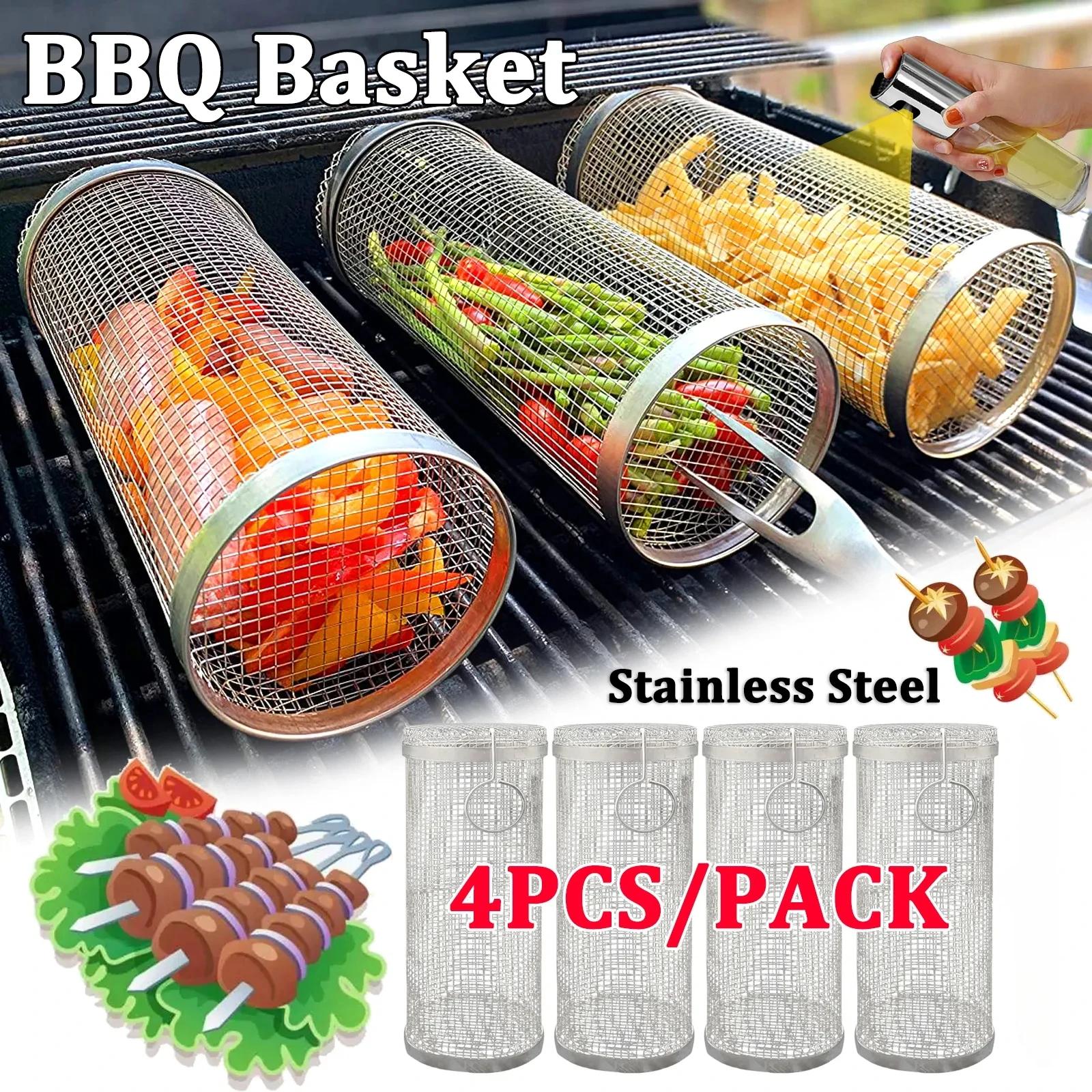 Panier à grillades roulant en acier inoxydable, panier à gril en maille Portable pour Camping en ple