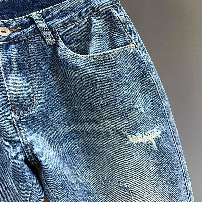 Jean Déchiré à Trous Coniques pour Homme, Denim Effiloché, Vintage, Décontracté, Bleu, Nouvelle Coll
