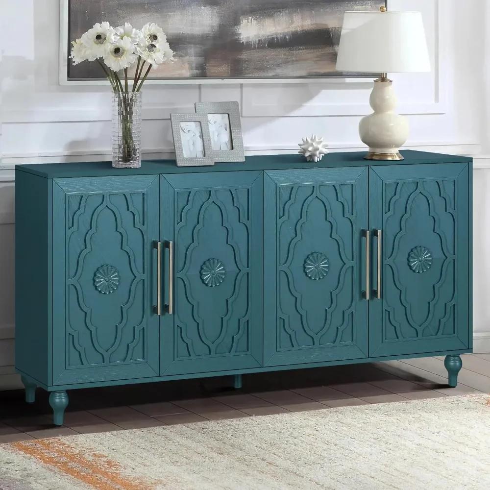 Buffet Credenzas pour salon, table d'entrée bleue de 63 pouces avec armoire d'appoint de rangement,